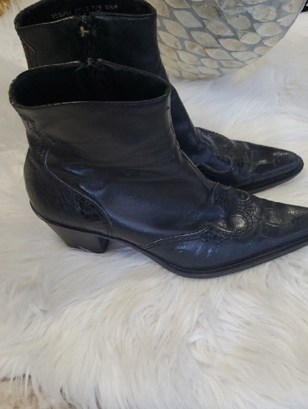Franco Sarto Black Pointed Leather Ankle Booties with Embossed Toe - Picture 4 of 14